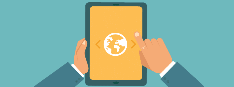 illustration hands holding ipad with globe, ipad, tablet
