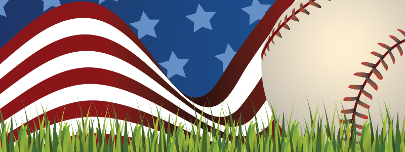 Illustration of a baseball in front of an american flag
