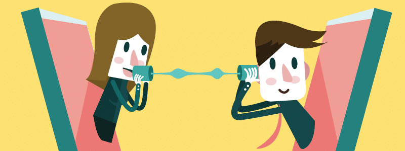 illustration of two people playing telephone through a telephone