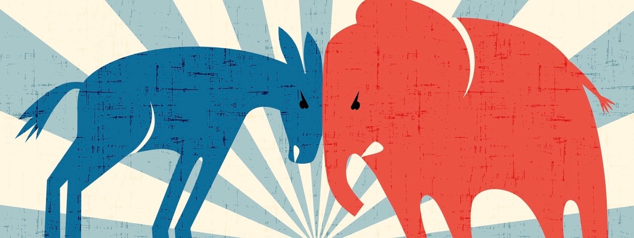 Democratic donkey and Republican elephant butting heads.