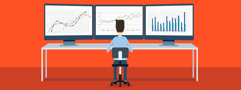 illustration of a man sitting at a desk analyzing data