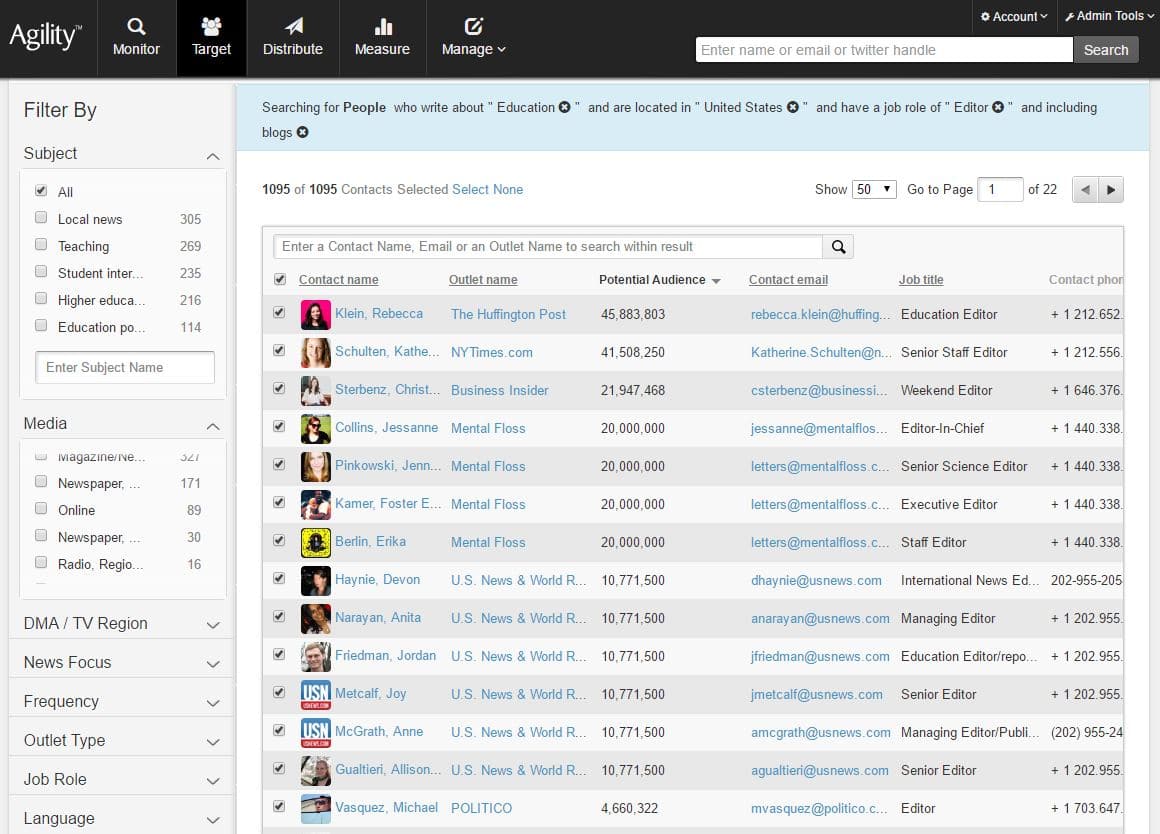 Agility app target media outreach list screenshot