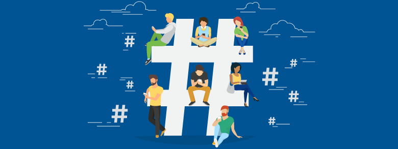 Illustration of people tweeting while standing around giant hashtags