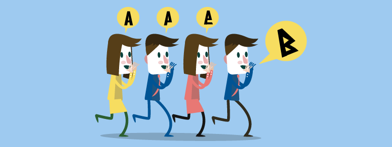 Illustration of four people playing the telephone game