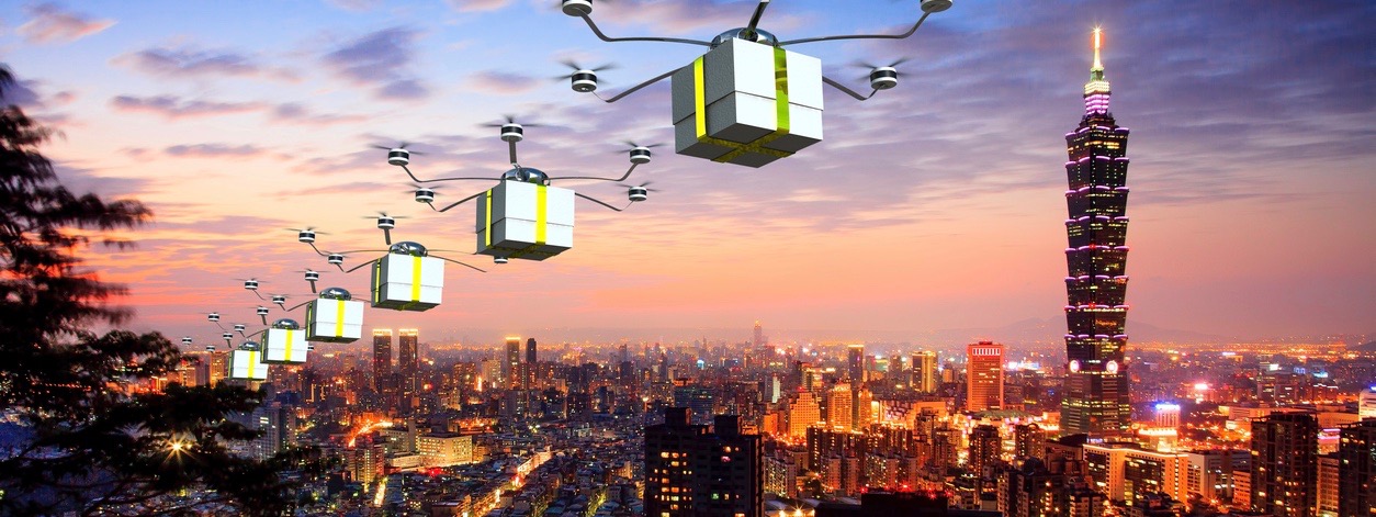 Futuristic fast delivery post package drones with boxes