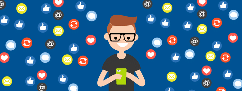 cartoon man with glasses holding cell phone and earning dozens of social engagements like likes and shares