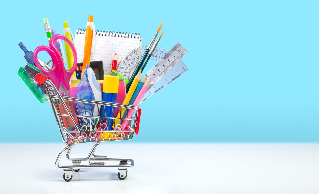 School stationery in shopping cart