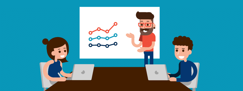 man standing beside line chart teaching colleagues how to work with micro-influencers