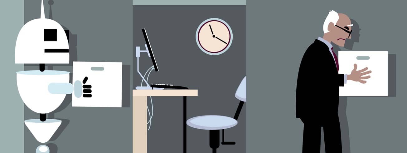 Robot replacing a senior employee, EPS 8 vector illustration
