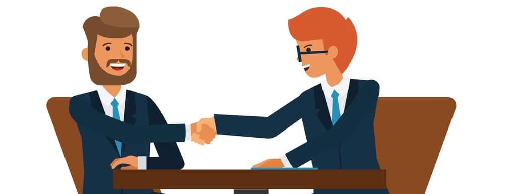 Business partnership. Businessmen handshake. Negogiation table. Men shaking hands on a signed contract. Flat vector illustration isolated on white background.