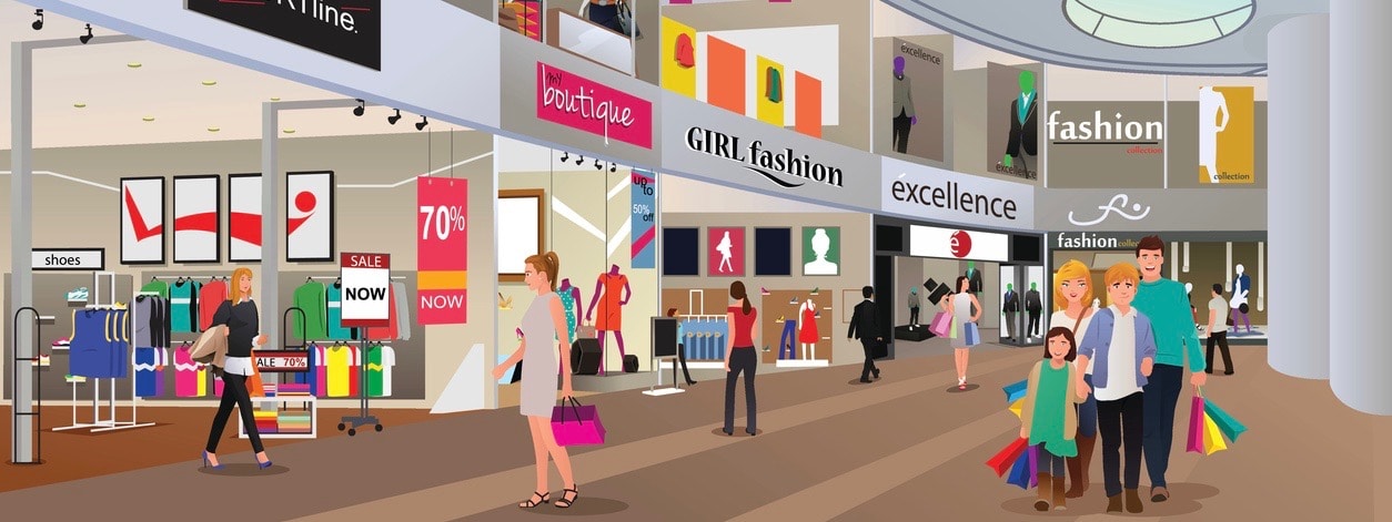 A vector illustration of people shopping in a mall