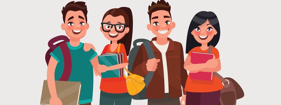 Happy students with books on an isolated background. Vector illustration in cartoon style