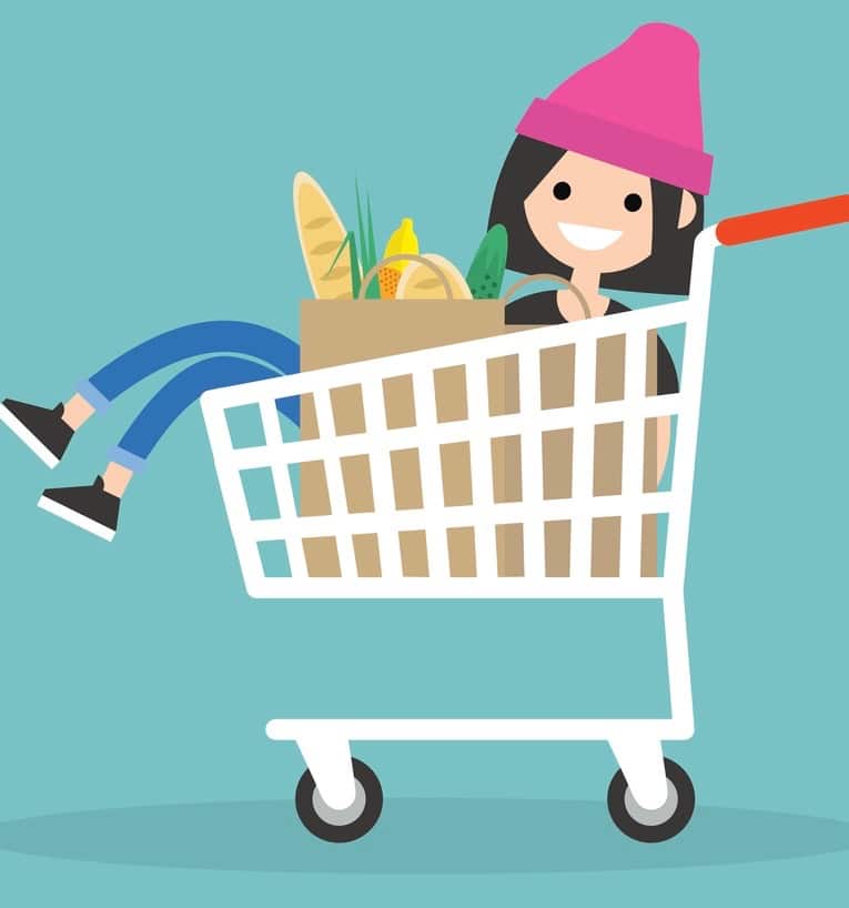 Young female character fooling around in the supermarket. Riding in the cart / flat editable vector illustration, clip art