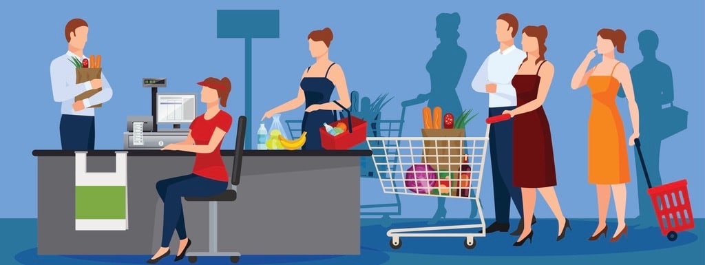 Customers with choice of products and queue to cashier isolated vector illustration