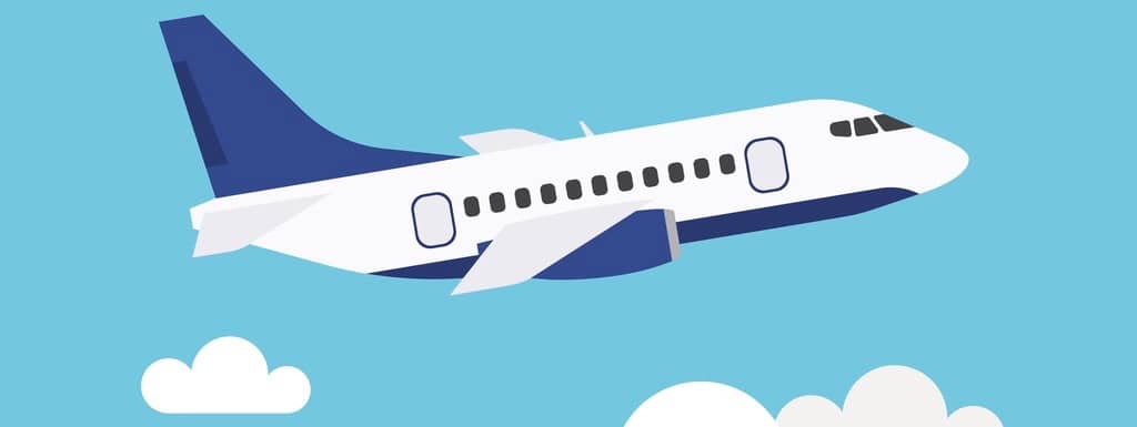 Flat icon of flying airplane with clouds on blue background