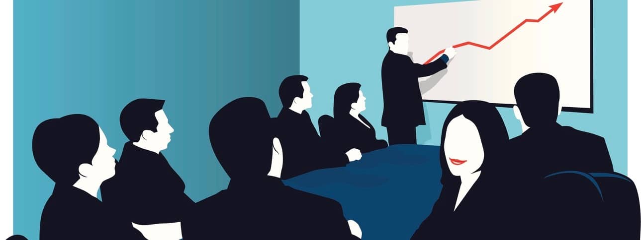 A business ilustration of a group of people in a board room.