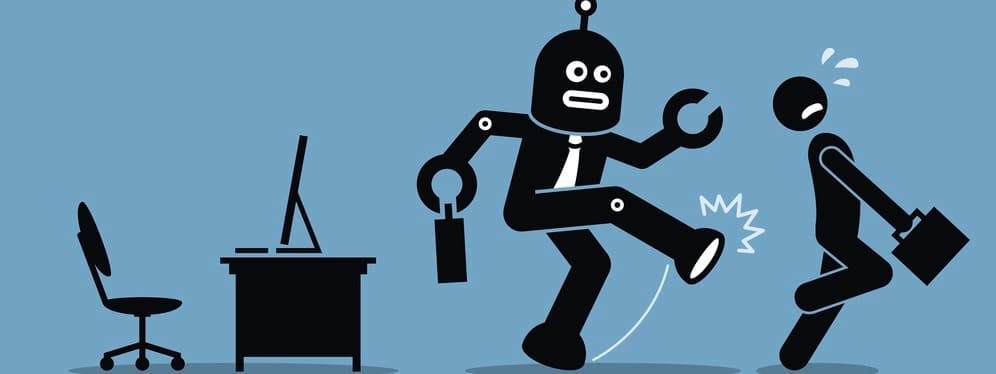 Robot employee kicks away a human worker from doing his computer job at office.