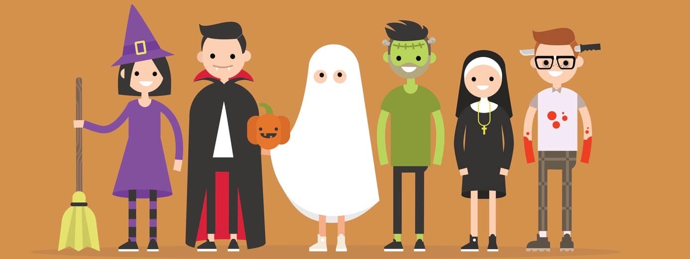 Halloween characters set: witch, Dracula, ghost, Frankenstein, nun, maniac / flat editable vector illustration, clip art