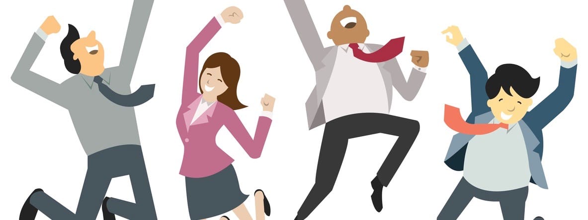 Happy and successful businesspeople, jumping in the air.