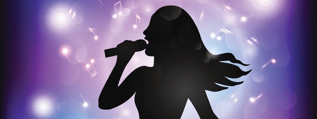 Vector illustration of a woman singing with a microphone on the stage.
