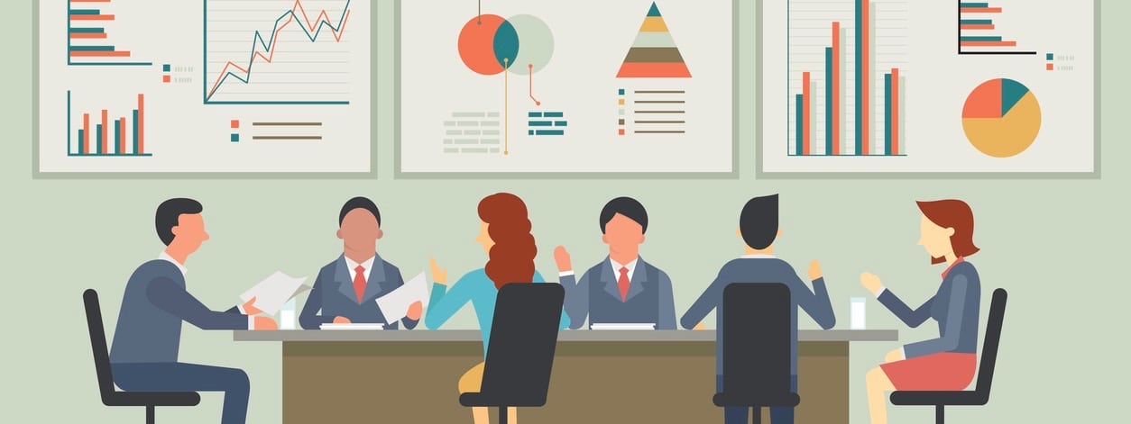 Businesspeople, man and woman, talking, discussing in meeting room. With chart and graph statistics background. Diverse, muilti-ethnic, flat design.