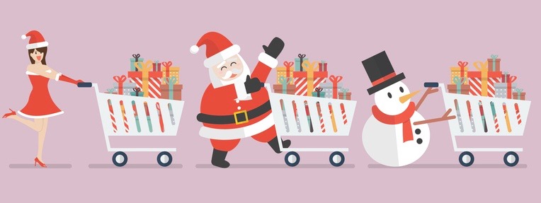 Santa claus Santa girl and Snowman push a shopping cart to sleigh. Vector illustration poster