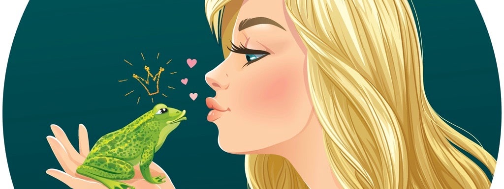 Vector illustration with beautiful lady kisses a frog