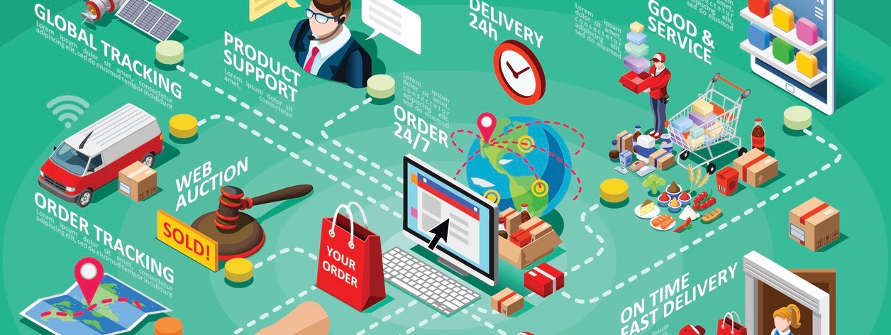 Ecommerce icons isometric people and online shopping infographic vector flowchart