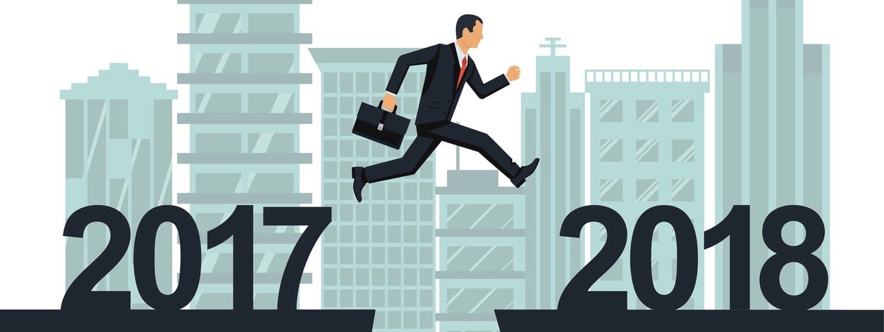 Man businessman jumps from 2017 to 2018 on background city. Vector illustration flat design. Big numbers. Forward to future.