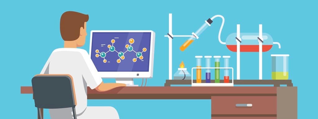 Medical chemistry lab worker researching molecular structure of chemical compound received in experiment. Flat vector illustration.
