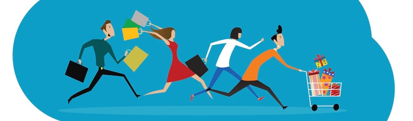 Women and men hurry run to sale. Flat commercial concept of promotion and discount. Vector