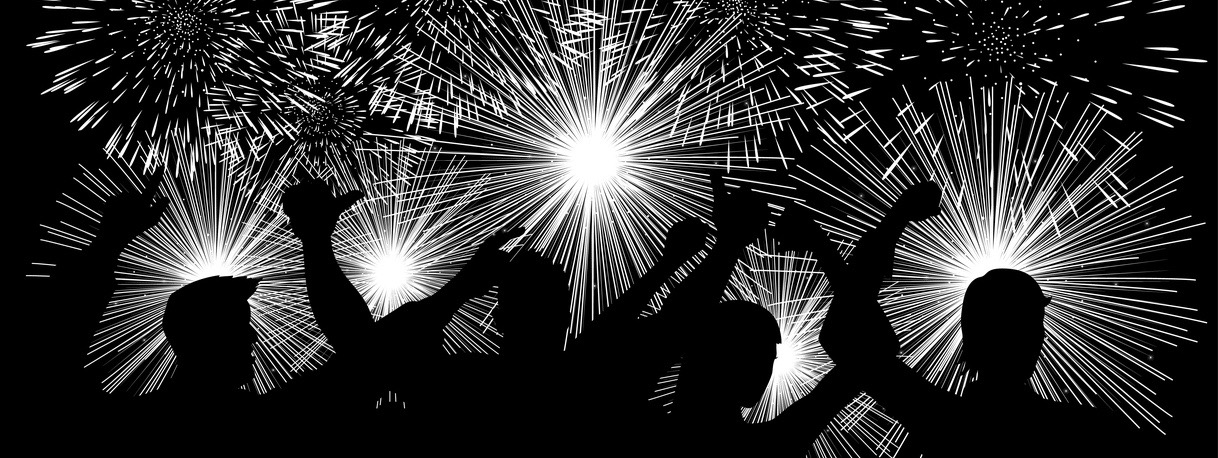 Silhouette of joyful people watching fireworks in black and white illustration