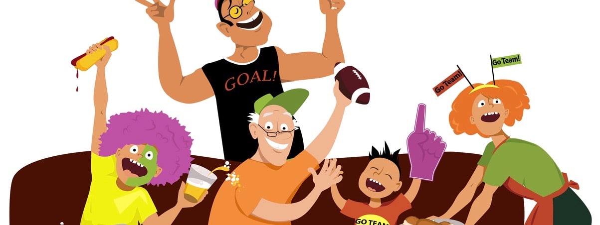 Family watching a football game on TV, eating and cheering, EPS 8 vector illustration