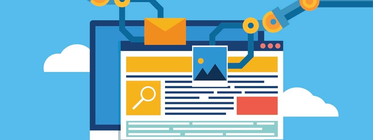 Marketing Automation. Computer with a site that builds the robot's hands. Vector flat illustration