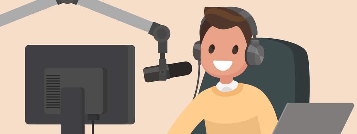 Broadcasting. Radio host behind a desk speaks into the microphone on the air. Vector illustration in a flat style