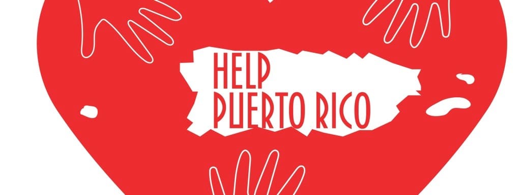 Vector Illustration: helping hands, heart, Puerto Rico map. Support for volunteer, charity or relief work after Hurricane Maria, floods, landfalls. Text: Help Puerto Rico.