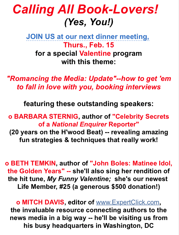 Next Book Publicists of So CA Mtg., “Romancing the Media,” Scheduled for Feb. 15th