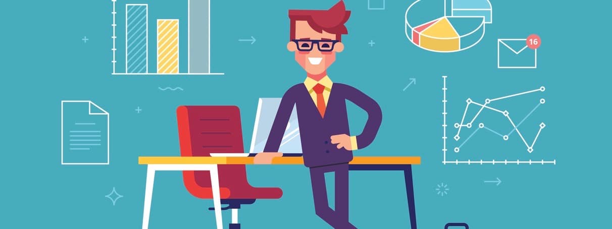 Confident businessman standing cross-legged leaning on a table with business process icons and infographics on background. Vector illustration.