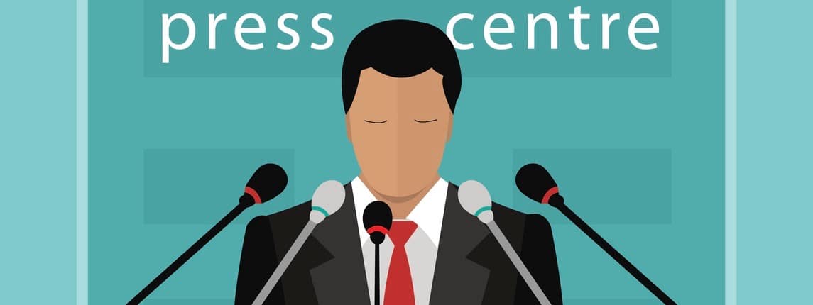 Flat design concept of press conference with a speaker. Vector illustration of faceless man with microphones speaking to press.