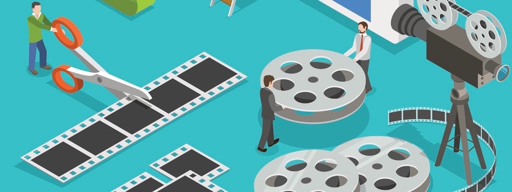 Mobile video editor flat isometric vector concept. People create a movie on smartphone using film strip and sticky tape.