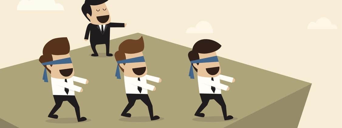 Vector cartoon of Boss leads employees to the wrong way