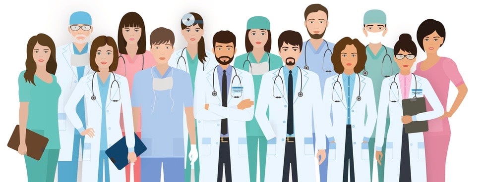 Group of doctors and nurses characters in different poses with vector profile avatars. Medical people design. Hospital staff. Flat style vector illustration.