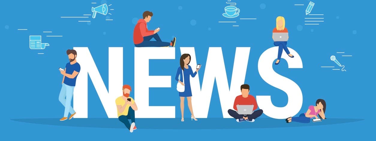 Online breaking news concept vector illustration. Young men and women are standing near big letters and using their own smart phones for reading news. Flat design of broadcasting on blue background