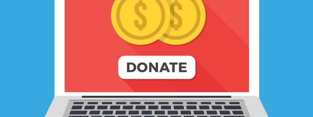 Laptop with gold coins and donate button on screen. Make donation. Charity, fundraising, donation, fund raising concepts. Front view. Modern long shadow design. Flat design vector illustration