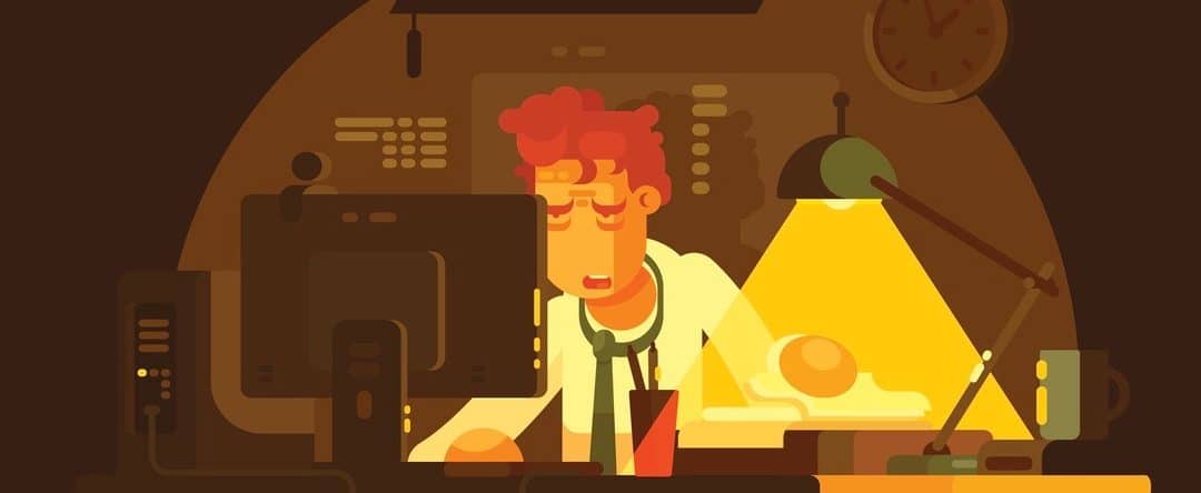 Tired man working on computer late at night. Vector illustration