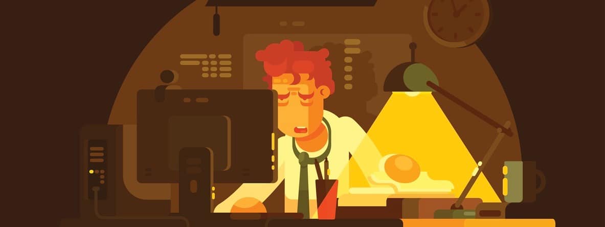 Tired man working on computer late at night. Vector illustration