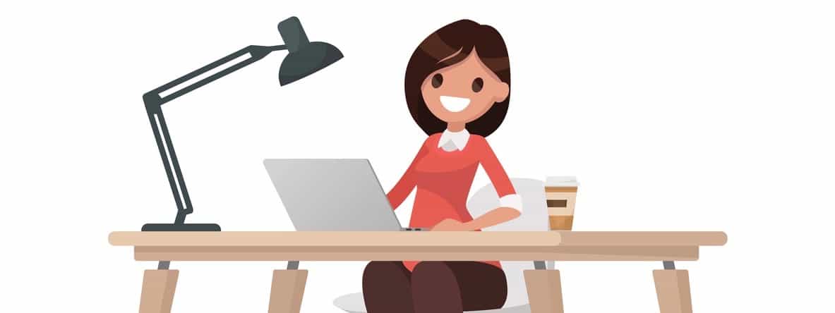 Business woman at the desk is working on the laptop computer. Vector illustration in a flat style