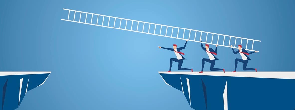Business team using ladder to cross through the gap between hill. Business Teamwork ,risk and success concept. Cartoon Vector Illustration.