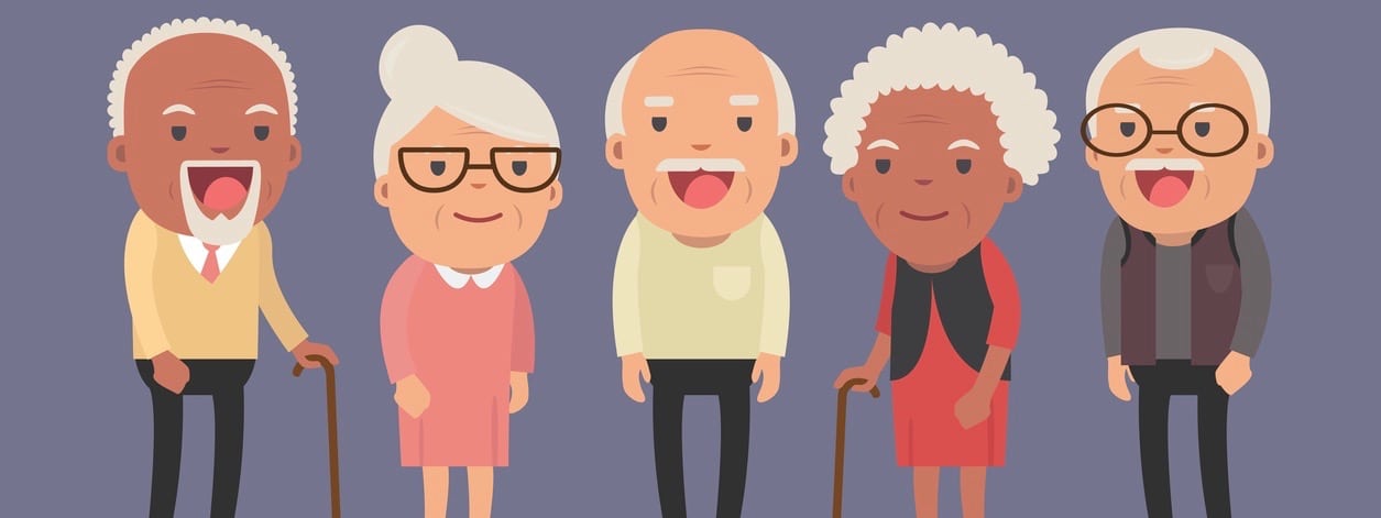 Group of elderly people stand together on background. Vector illustration in creative flat vector character design