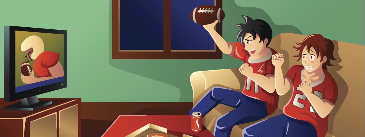 A vector illustration of group of young people watching American football on TV and eating pizza and drinking soda